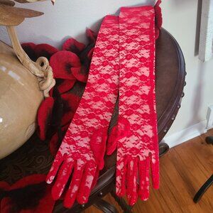 NEW Women's Long Sexy Lace Gloves Red Rose Pattern Sheer Above Elbow
